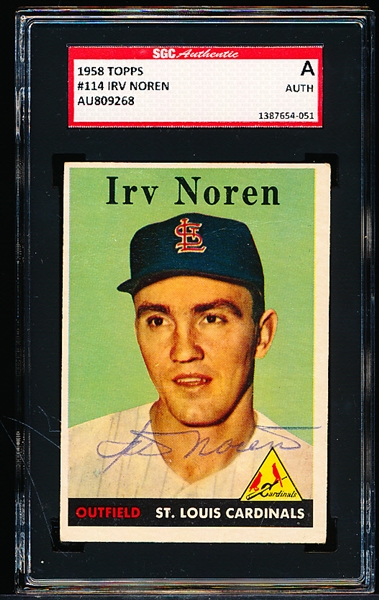 Autographed 1958 Topps Bb- #114 Irv Noren, Cardinals- SGC Certified & Encapsulated