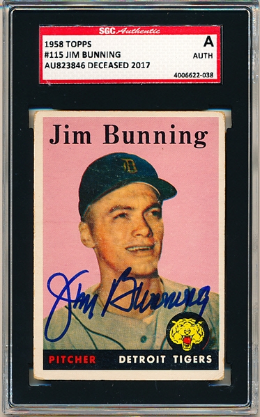 Autographed 1958 Topps Bb- #115 Jim Bunning, Tigers- SGC Certified & Encapsulated