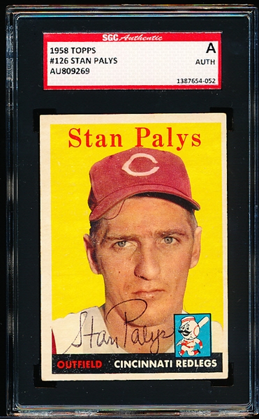 Autographed 1958 Topps Bb- #126 Stan Palys, Reds- SGC Certified & Encapsulated