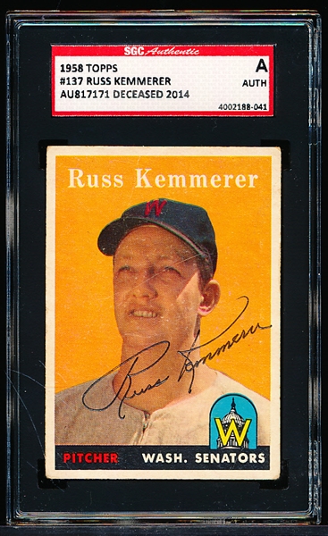 Autographed 1958 Topps Bb- #137 Russ Kemmerer, Washington- SGC Certified & Encapsulated
