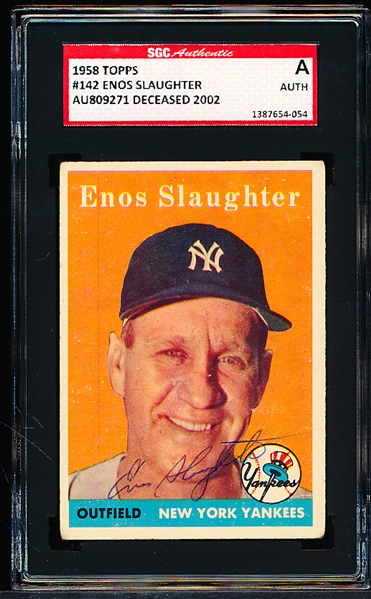 Autographed 1958 Topps Bb- #142 Enos Slaughter, Yankees- SGC Certified & Encapsulated