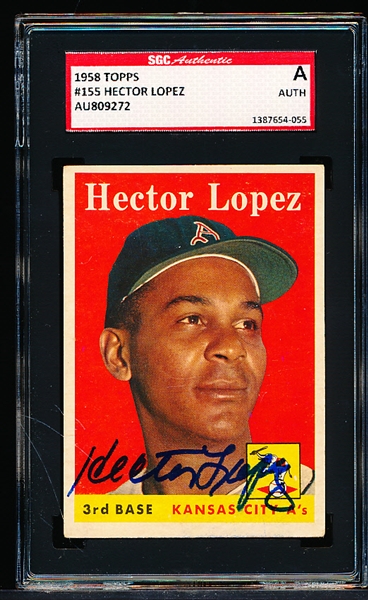 Autographed 1958 Topps Bb- #155 Hector Lopez, KC A’s- SGC Certified & Encapsulated