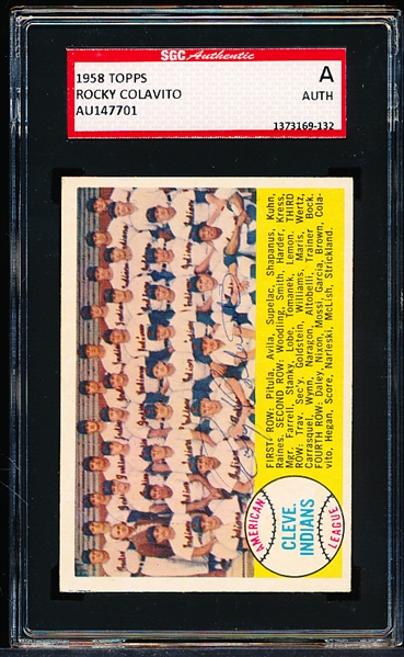 Autographed 1958 Topps Bb- #158 Cleveland Indians Team- Signed by Rocky Colavito- SGC Certified & Encapsulated