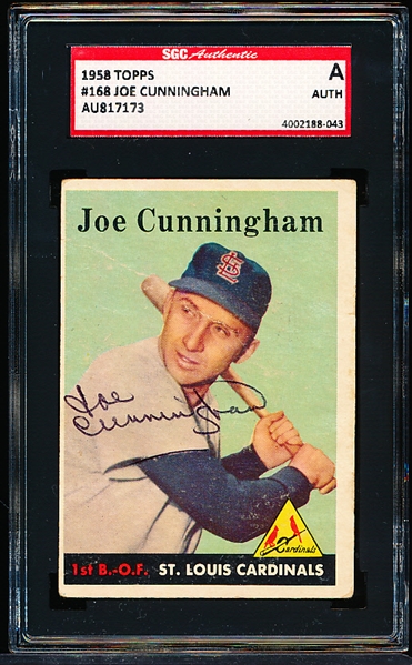 Autographed 1958 Topps Bb- #168 Joe Cunningham, Cardinals- SGC Certified & Encapsulated