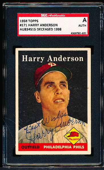 Autographed 1958 Topps Bb- #171 Harry Anderson, Phillies- SGC Certified & Encapsulated