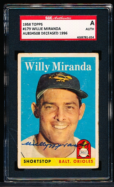 Autographed 1958 Topps Bb- #179 Willie Miranda, Orioles- SGC Certified & Encapsulated