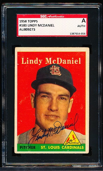Autographed 1958 Topps Bb- #180 Lindy McDaniel, Cardinals- SGC Certified & Encapsulated