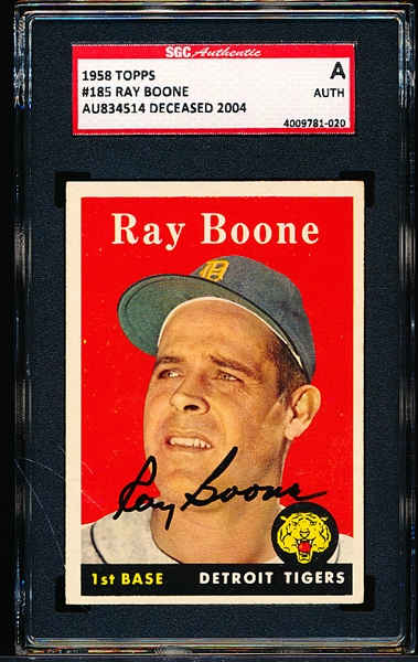 Autographed 1958 Topps Bb- #185 Ray Boone, Detroit Tigers- SGC Certified & Encapsulated