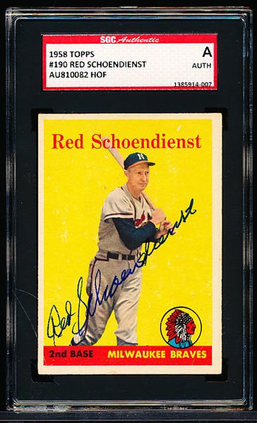 Autographed 1958 Topps Bb- #190 Red Schoendienst, Braves- SGC Certified & Encapsulated