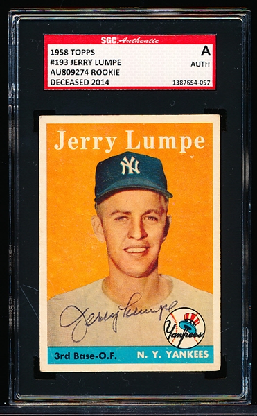 Autographed 1958 Topps Bb- #193 Jerry Lumpe, Yankees- SGC Certified & Encapsulated