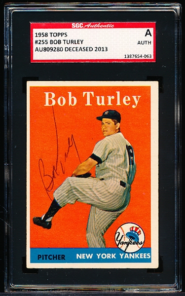 Autographed 1958 Topps Bb- #255 Bob Turley, Yankees- SGC Certified & Encapsulated