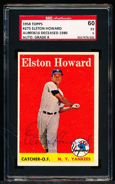 Autographed 1958 Topps Bb- #275 Elston Howard, Yankees- SGC Certified & Card Graded 5 (Ex) & Encapsulated with Auto Grade 8 (Nm-Mt)