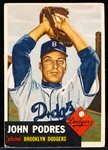 1953 Topps Baseball Hi#- #263 John Podres RC, Brooklyn- SP