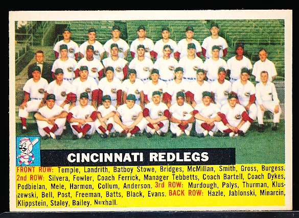 1956 Topps Baseball- #90 Cinc. Reds Team- Gray Back- Name Centered