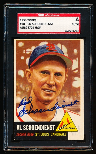 Autographed 1953 Topps Baseball- #78 Red Schoendienst, Cardinals- SGC Certified & Encapsulated