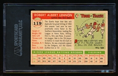 Autographed 1955 Topps Baseball- #119 Bob Lennon, Giants- SGC Certified & Encapsulated