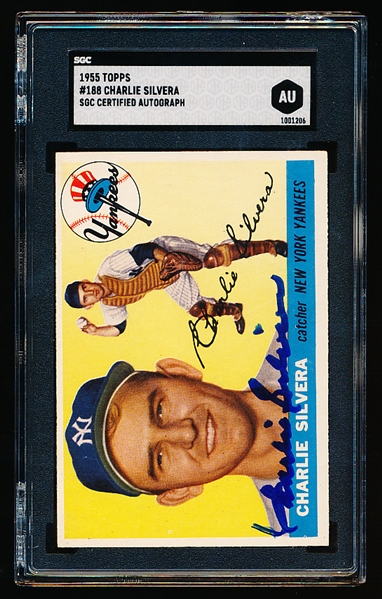 Autographed 1955 Topps Baseball- #188 Charlie Silvera, Yankees- SGC Certified & Encapsulated