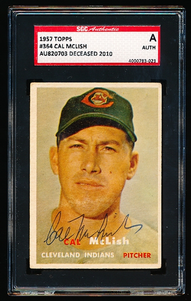 Autographed 1957 Topps Baseball- #364 Cal McLish, Cleveland- SGC Certified & Encapsulated