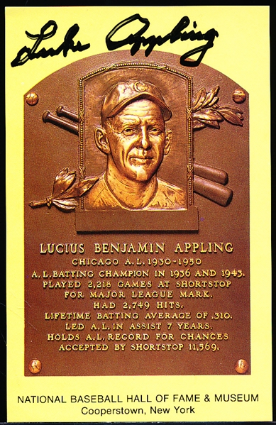 Autographed Luke Appling BB HOF Yellow Plaque Postcard