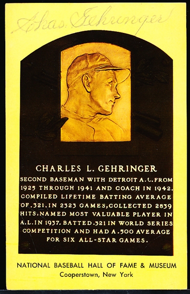 Autographed Charles Gehringer Baseball HOF Yellow Plaque Postcard