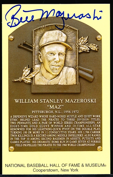 Autographed Bill Mazeroski Baseball HOF Yellow Plaque Postcard