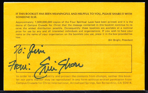 Autographed Eric Show “Have You Heard of the Four Spiritual Laws” Religious Pamphlet