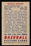 1951 Bowman Baseball Hi#- #259 Charlie Dressen, Brooklyn