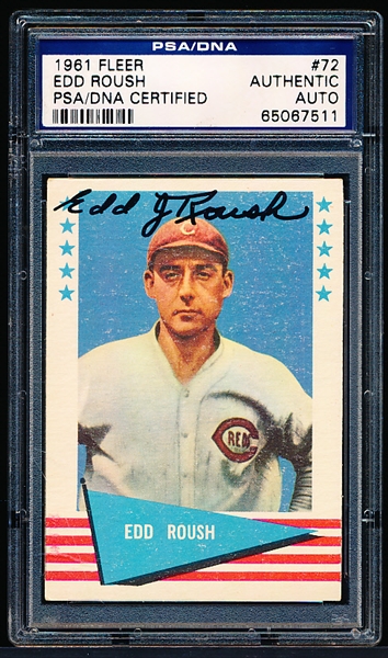Autographed 1961 Fleer Baseball Greats- #72 Edd Roush, Reds- PSA/DNA Certified & Encapsulated