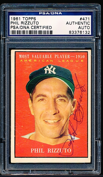Autographed 1961 Topps Baseball- #471 Phil Rizzuto MVP- PSA/DNA Certified & Encapsulated