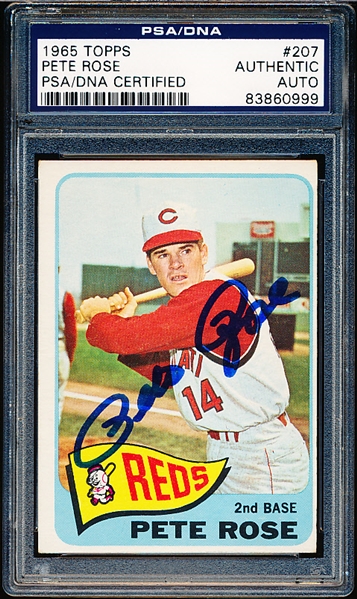 Autographed 1965 Topps Baseball- #207 Pete Rose, Reds- PSA/DNA Certified & Encapsulated