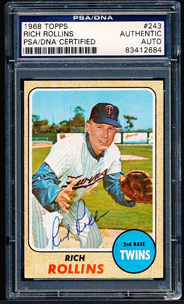 Autographed 1968 Topps Baseball- #243 Rich Rollins, Twins- PSA/DNA Certified & Encapsulated