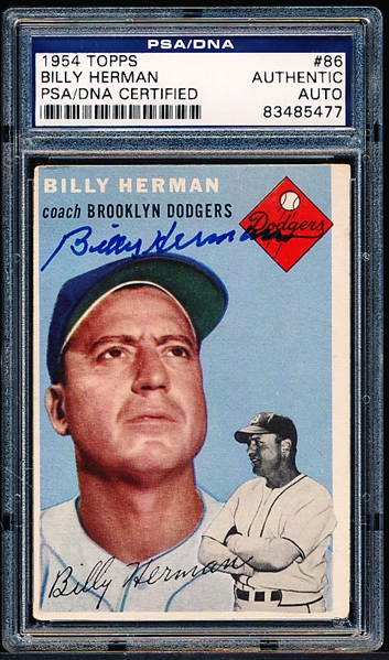 Autographed 1954 Topps Baseball- #86 Billy Herman, Dodgers- PSA/ DNA Certified & Encapsulated