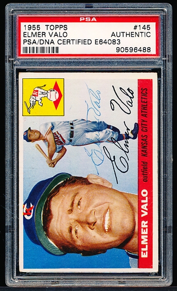 Autographed 1955 Topps Baseball- # 145 Elmer Valo, KC A’s- PSA/ DNA Certified & Encapsulated