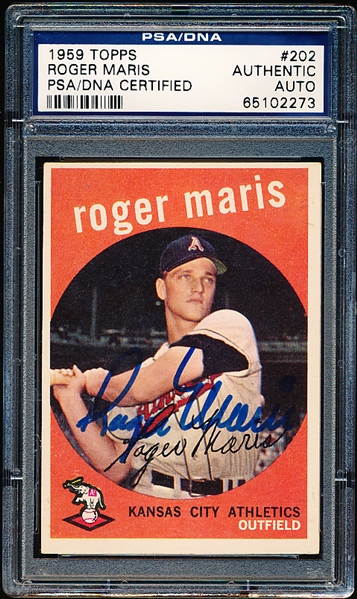 Autographed 1959 Topps Baseball- #202 Roger Maris, KC A’s- PSA/DNA Certified & Encapsulated