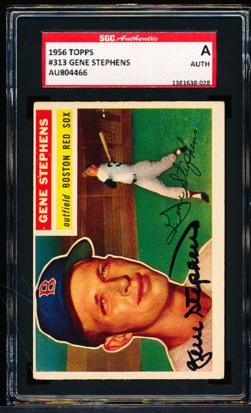 Autographed 1956 Topps Baseball- #313 Gene Stephens, Red Sox- SGC Certified & Encapsulated