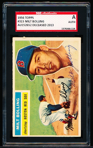 Autographed 1956 Topps Baseball- #315 Milt Bolling, Red Sox- SGC Certified & Encapsulated