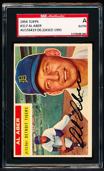 Autographed 1956 Topps Baseball- #317 Al Aber, Tigers- SGC Certified & Encapsulated