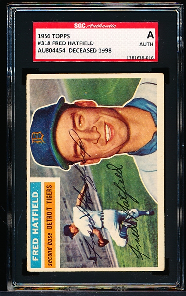 Autographed 1956 Topps Baseball- #318 Fred Hatfield, Tigers- SGC Certified & Encapsulated