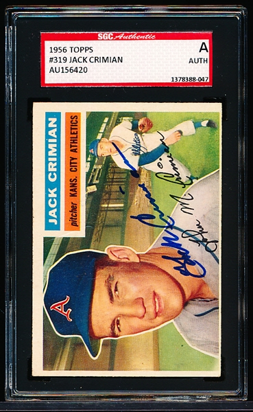Autographed 1956 Topps Baseball- #319 Jack Crimian, KC A’s- SGC Certified & Encapsulated