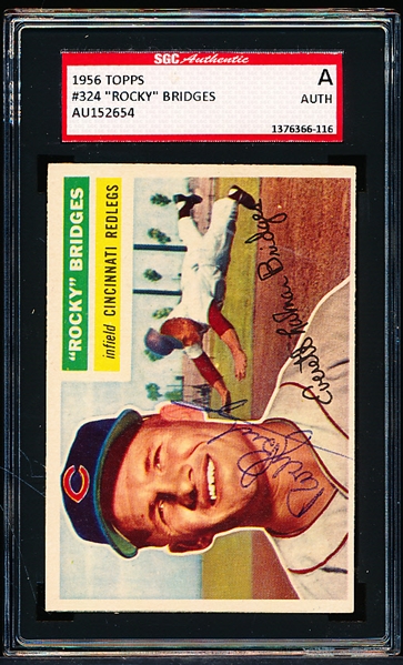 Autographed 1956 Topps Baseball- #324 Rocky Bridges, Reds- SGC Certified & Encapsulated