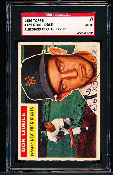Autographed 1956 Topps Baseball- #325 Don Liddle, Giants- SGC Certified & Encapsulated