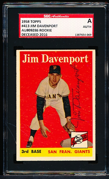 Autographed 1958 Topps Baseball- #413 Jim Davenport, Giants- SGC Certified & Encapsulated