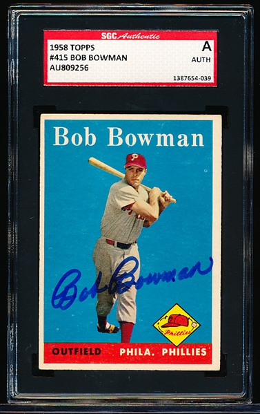 Autographed 1958 Topps Baseball- #415 Bob Bowman, Phillies- SGC Certified & Encapsulated