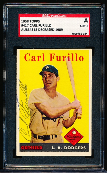 Autographed 1958 Topps Baseball- #417 Carl Furillo, Dodgers- SGC Certified & Encapsulated