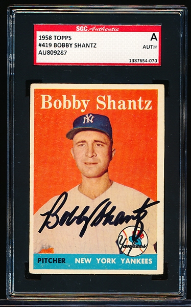 Autographed 1958 Topps Baseball- #419 Bobby Shantz, Yankees- SGC Certified & Encapsulated