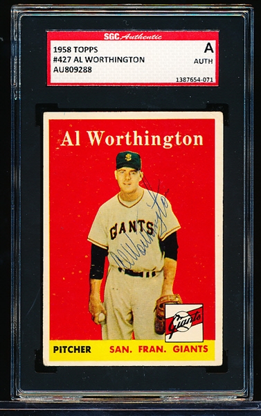 Autographed 1958 Topps Baseball- #427 Al Worthington, Giants- SGC Certified & Encapsulated