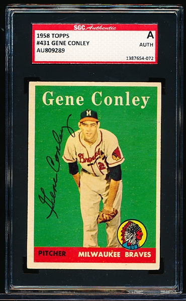 Autographed 1958 Topps Baseball- #431 Gene Conley, Braves- SGC Certified & Encapsulated