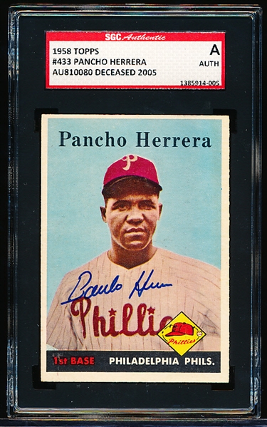 Autographed 1958 Topps Baseball- #433 Pancho Herrera, Phillies- SGC Certified & Encapsulated