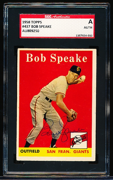 Autographed 1958 Topps Baseball- #437 Bob Speake, Giants- SGC Certified & Encapsulated
