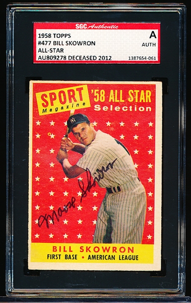 Autographed 1958 Topps Baseball- #477 Bill Skowron AS- SGC Certified & Encapsulated
